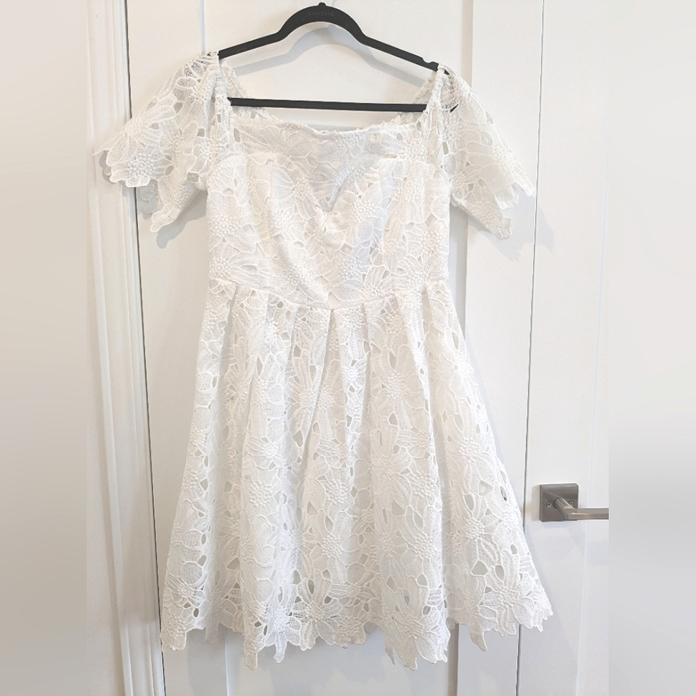 Boohoo Boutique Off Shoulder Lace Skater Dress - US size 10
